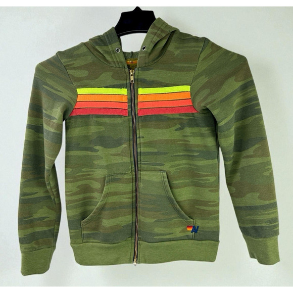 Aviator Nation Stripe Camo Green Full Zip Hoodie Sweatshirt Youth Kids Size 10 - Picture 16 of 16